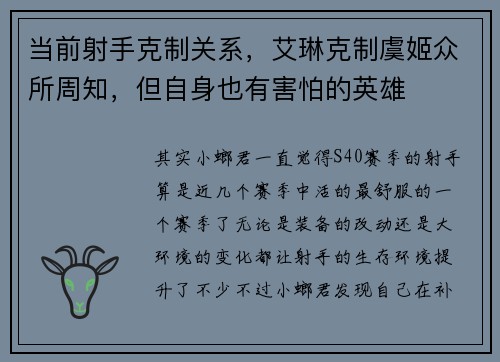 当前射手克制关系，艾琳克制虞姬众所周知，但自身也有害怕的英雄